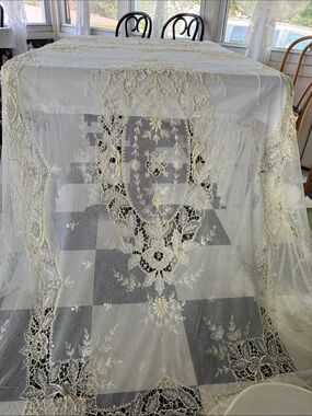 Antique Tambour Cream Lace Embroidered bedspread/Canopy curtain